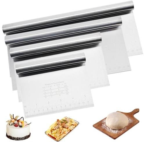 4 Stück Teigschaber Edelstahl, 15/20/25/30cm Teigspachtel mit Messskala Teigschneider Küchenspachtel mit Skalierung Dough Scraper für Kuchen Cake Pizza Torte Dough