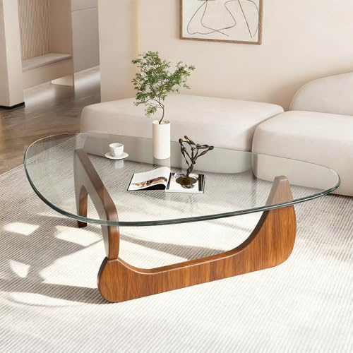 Générique Table De Salon, Originale Petite Table Basse Salon Et Verre Triangle- Pieds en Noyer Chaleureux, Table Basse Pas Cher pour Salon Contemporain
