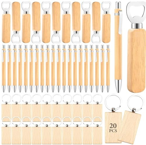 60 Stück Lasergravur Holz Rohlinge Set, Flaschenöffner, Schlüsselanhänger & Bambus Kugelschreiber, DIY Gravur Holz Set für Laser, Personalisierte Geschenke, Hochzeit & Werbegeschenke