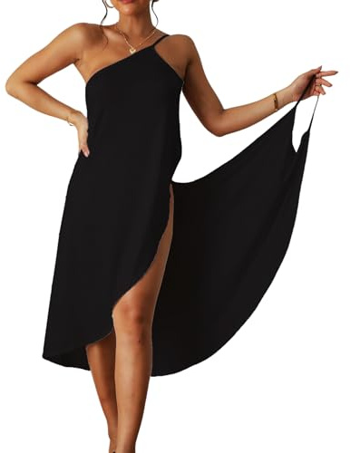 GIUSOBG Strandkleid Damen Elegant Wickelkleid Mit Dünnen Trägern Strandkleid Damen Luftig Locker und Lässig Luftige Sommerkleider,für Strand,Badebekleidung,Sonnenstudio,Kreuzfahrturlaub (schwarzer-XL)