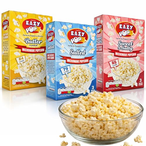 9pk Microwave Popcorn (9x85g) - Salted, Butter, Sweet & Salt Flavoured Pop Corn Kernels, Ready in Minutes Tasty Snack for Family Movie Nights, Easy to Prepare, Ideal for Sharing, popcorn bags