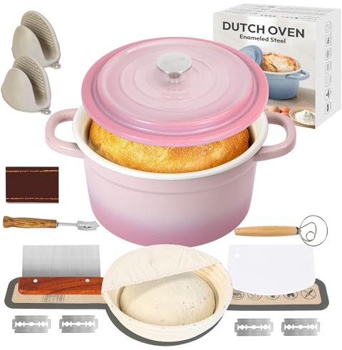 5QT Enameled Steel Dutch Oven with Proofing Basket, Non-Stick Ovenproof Casserole Pot, Pink Dutch Oven for Braising, Stews, Roasting & Bread Baking