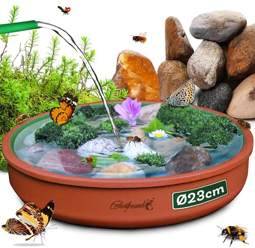 ERDENFREUND® Bienentränke Keramik + Dekosteine >1000°C feuerveredelte Insektentränke Keramik mit Innenglasur moosgrün hygienisch spülmaschinentauglich (Ø23cm Bienentränke inkl. Dekosteinen)