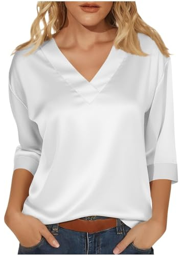 Maglietta da Donna con Scollo A V E Maniche A Tre Quarti - Top da Donna in Raso Color Arancio-Rosso Maglietta Manica 3/4 di Seta Bluse Scollo A V Tinta Unita Camicette alla Moda Leggero