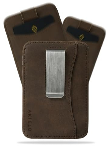 AKIELO RFID-blockerande Korthållare med Pengaklämma och Presentlåda – Kompakt och Slim Plånbok – Minimalistisk Kortplånbok (CHARLIE - Mörk Mocha Clip Utgåva)