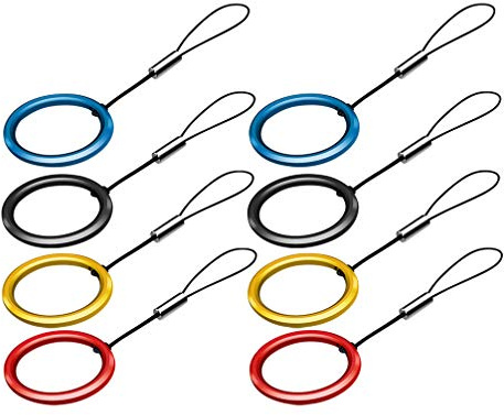 Hemobllo 8 Pcs Small Phone Finger Ring Lanyard Holder Metal Finger Lanyard Keychain Mini Cell Phone Ring Strap Keychain String for USB Flash Drive, Black, Blue, Gold