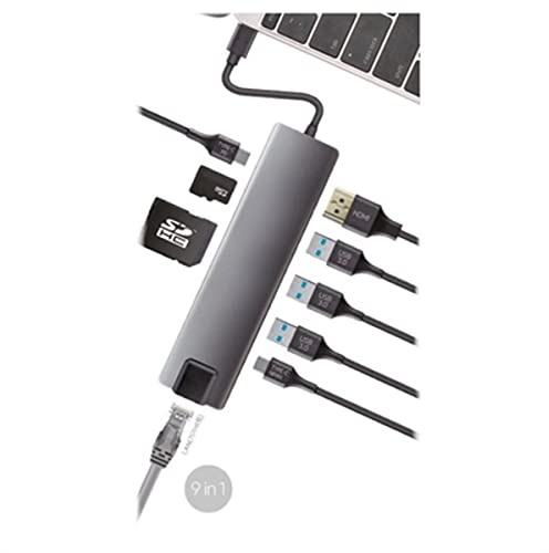 HUB miniDOCK USB_C 9 Puertos CoolBox: RJ45 Ethernet, HDMI, USB3.0 (3X), microSD, SD, USB-C Datos y USB-C PD. Aluminio, Cable 190mm. Compatible con Apple MacBook, Chromebook y ultrabooks