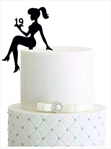 Girl figure birthday cake topper, for a girl’s birthday, sweet 16, sweet 18, with number, birthday decoration topper (black, 19). Item no. 5163