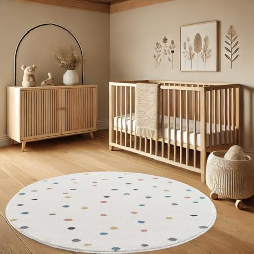 payé Teppich Rund Kinderzimmer - Cream - 160x160cm - Spielteppich Bunte Punkte Kurzflor Kinderteppich - Oeko-Tex Standard 100