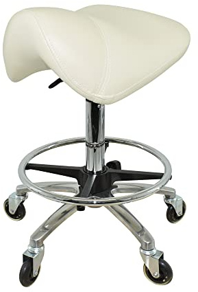 VAKON SALON - Premium Sattelhocker Weiß, Sattelstuhl für Rückenentlastung, Rollhocker höhenverstellbar von 55-75 cm mit Fußring, Drehhocker, Praxishocker, Bürohocker, Arbeitshocker