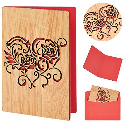 craspire Herz Holzkarte, Karte Zum Hochzeitstag Aus Holz, Hohles Herz-Rosen-Design, Handgefertigte Grußkarten Aus Holz Geschenke Für Hochzeiten, Jubiläen, Muttertag, Valentinstag, Geburtstage