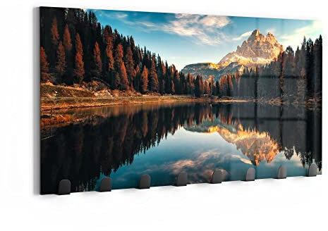 DEQORI Wandgarderobe Glas & Metall | Motiv Lago Antorno Panorama | 60x30 cm | Design Haken-Leiste modern | Garderoben-Paneel für Flur, Wohnzimmer & Schlafzimmer | magnetisch & beschreibbar