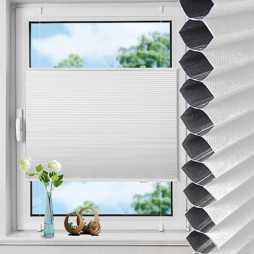TFSKY Wabenplissee Plissee ohne Bohren Verdunkelung Klemmfix Zweifarbigz Weiß-Weiß B60 x H100 cm Plissees Thermo Doppelplissee Verdunkelnd Verdunklungsplissee Sonnen- & Schallschutz für Fenster