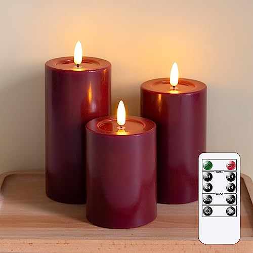 Yeelida Remote Flameless Flickering Pillar Candles with Candle Grease Effect,Pack of 3 Burgundy LED Battery Oprated 2/4/6/8 Hours Timer Real Wax Electric Candles(7.5x10,12.5,15 cm)