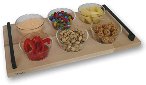 Rondia Bowls – Serviertablett mit Griffen und integrierten Schüsseln, Servierschalen, Snackschalen, Dessertschalen Set für Grillen, Raclette, Schoko-Fondue, Tapas, Dips, Partys und mehr – 6x 370ml
