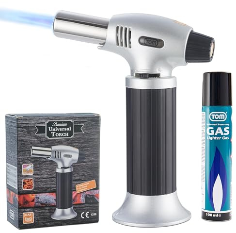 TOM Creme Brulee Brenner - MIT Gas befüllt – inkl. 1 x 100 ml Gas Kartusche zum Nachfüllen – Bunsenbrenner mit 1300°C Flamme – Küchenbrenner , Camping & Werkstatt – Flambierbrenner Küche