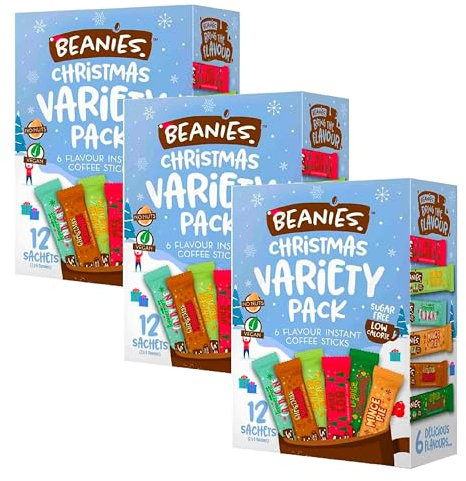 Beanies Christmas Coffee Gift Box - Pack of 3 x 12 Christmas 6 Festive Flavours Instant Coffee Sticks Selection Bulk Buy (Total 36 Sachets) Great for Christmas Hampers, Stocking Fillers, Vegan Gifts