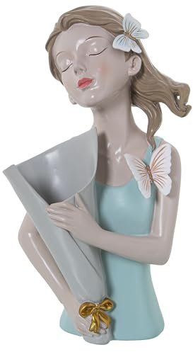 DRW Figura di un busto di ragazza in resina con vaso e maglietta verde 12x16x31 cm