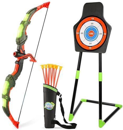 Handwell Archery Toy Set for Kids, LED Light Up Bow and Arrow Set with 10 Suction Cup Arrows, Standing Target & Quiver, Indoor Outdoor Games Stuff for Boys Girls Children Aged 3-12 Year Old
