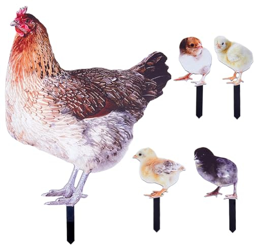 CREATCABIN 5 Stück Huhn Hof Kunst Garten Henne Dekoration Acryl Statue Hahn Tierpfahl Doppelseitiger Druck Außenpfähle Skulptur Hofschild Kunstdekor Stecker Ornament Für Bauernhaus Rasen