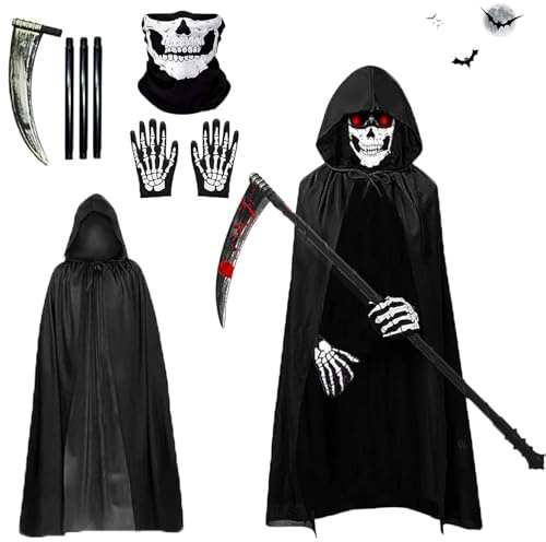 Gxlaihly Disfraz de Parca para Adultos, Halloween disfraz la muerte,con Capucha, Máscara de Calavera, Guantes, Guadaña,Disfraz de parca,Conjunto de Disfraces de Reaper de Halloween (Adulto-B)