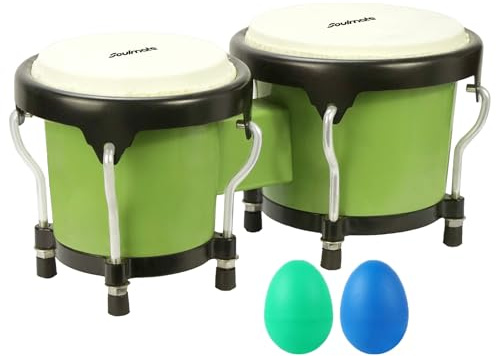 Soulmate Bongo-Trommel für Kinder, Erwachsene, Anfänger, 10,2 cm und 12,7 cm, Bongo-Set, stimmbar, natürliche Haut, Percussion-Instrumente mit Stimmschlüssel, Grün