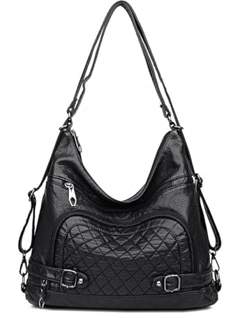 NOTAG Handtasche Damen Multi Tasche PU Leder Hobo Schultertasche 3 in 1 Multifunktionale Rucksack (Schwarz-1)