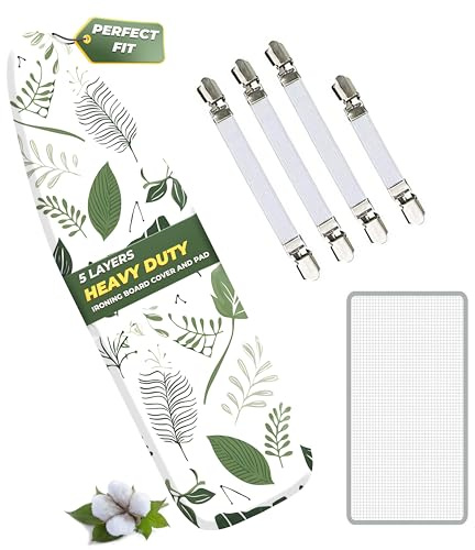 EcoNour Ironing Board Covers 124 x 38 cm Extra Thick 7mm Padding, 100% Cotton Top Covers Easy-Fit for Protecting Ironing Board Cover Complete Set with 4 Strings and Scorch Resistant Padding - Large