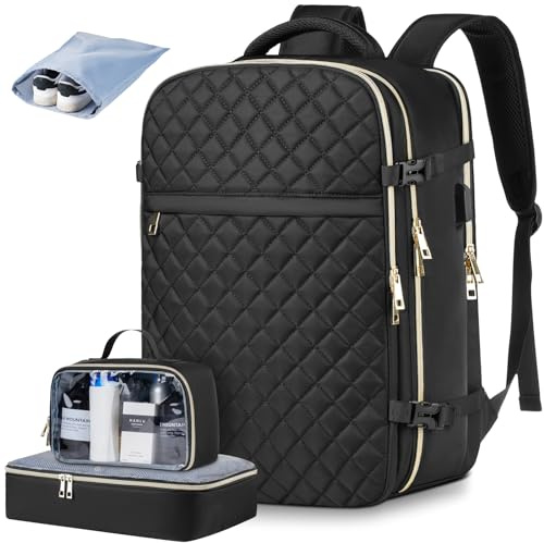 MOMUVO Reseryggsäck för kvinnor, handbagage ryggsäck, flygbolagsgodkänd med 3 packkuber, laptopryggsäck med USB-laddningsport, ledig dagväska för helg affärshögskola, stor