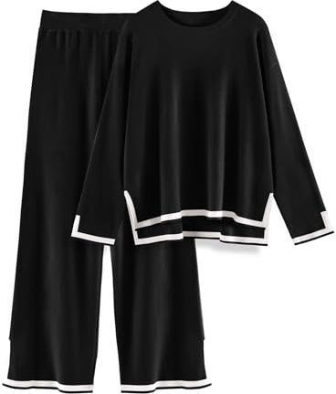 CMTOP Tuta Donna Completo Elegante 2 Pezzi Casual Tute da Ginnastica Tailleur Girocollo Maglia a Maniche Lunghe e Pantaloni a Gamba Larga Autunnale Invernale Completi Per La Casa(Nero, L)