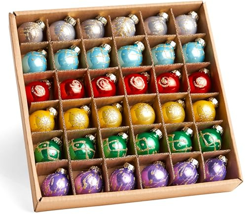 Joiedomi 36-teiliges Weihnachts-Mini-Kugel-Ornament-Set, kleine Metall-Glaskugeln mit Glitzerdrucken und Seilaufhängern, hängende Miniatur-Ornamente für den Weihnachtsbaum, Weihnachts-Glas-Party-Dekor