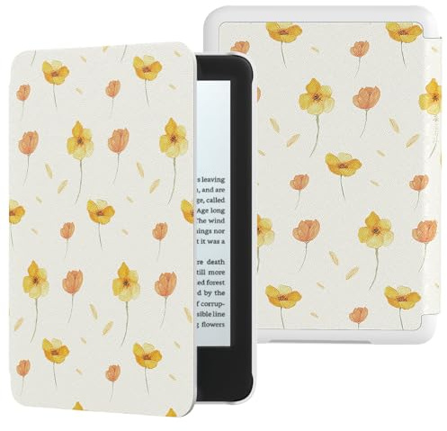 MoKo Hülle für 6 Kindle (11. Generation, 2024/2022) & Internationale Version, Leichte Schutzhülle mit Auto Schlaf/Wach Smart Cover für Kindle 2024/2022 11. Generation e-Reader, Blume auf Weiß