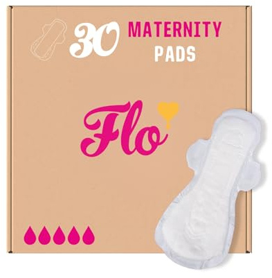 Flo - Extra Long Maternity Pads (30 Pack) - Super Soft + Breathable - 4 Wings - Heavy Flow - Organic Bamboo Period Pads for Women - Postpartum Essentials - Plant Based - Vegan & Cruelty Free