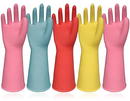 Lot de 5 paires de gants de cuisine réutilisables en caoutchouc coloré pour laver la vaisselle, nettoyer le jardinage, gants antidérapants résistants à l'eau avec coton floqué