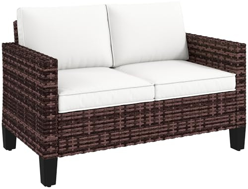 Outsunny 2 Seater Rattan Sofa with Cushions, Wicker Garden Loveseat with Armrests, Outdoor Garden Sofa Couch with Steel Frame for Balcony, Porch, Brown
