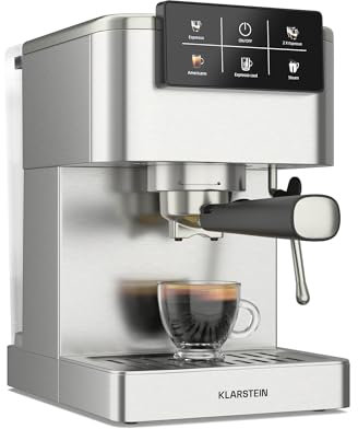 Klarstein SteelPresso Touch Siebträgermaschine – 20-Bar, 1350 W, Edelstahl, 1,5-L-Wassertank, Touch-Display, Integrierter Milchaufschäumer, Kompaktes Design, Kaffeemaschine
