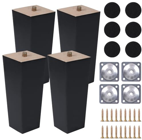 COEWUR 4 Stück Möbelfüße Holz 20cm Schwarz Möbelbeine Eiche Massiv Eckig Holz Tischbeine mit Montageplatten Schrauben und Filzgleiter für Sofa Bett Schrank Couch Kommode Stuhl