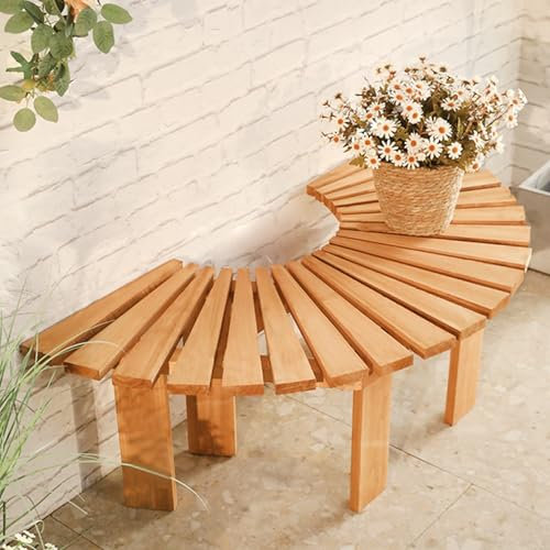 Terrassen Gartenbank Parkbank Halbrunde Baumbank aus Teakholz, Gebogene Verandabank Ohne Rückenlehne, Wetterfest, Klein for Terrasse Gartendeck und Hinterh(Light Wood Grain)