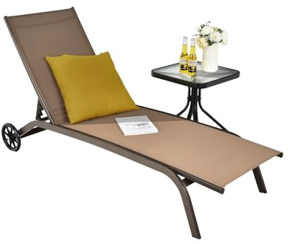 KOMFOTTEU Sonnenliege mit Rädern & 6-Fach Verstellbarer Rückenlehne, Gartenliege wetterfest, Strandliege auf Rädern bis 150kg belastbar, Relaxliege Liegestuhl für Garten, Balkon, Terrasse (Braun)
