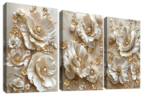 3 Pcs Wooden Framed Canvas Wall Art Canvas Prints Luxury Apricot Gold 3D Peonies Flowers Painting Vintage Floral Cameo Pictures for Living Room Bedroom Bathroom Hallway Wall Decoration 30x40 cm x3pcs