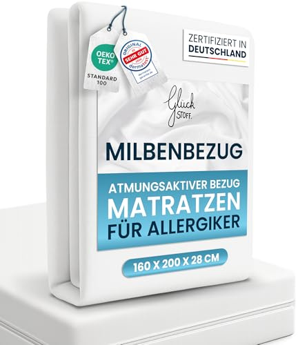 Glückstoff® Premium Milbenbezug Matratze 160x200x28 [ZERTIFIZIERT IN DEUTSCHLAND] Allergiker Bettwäsche Set Anti Milbe - Allergiker Matratzenbezug - Encasing Bettwäsche Anti Milben - Milbenschutzbezug