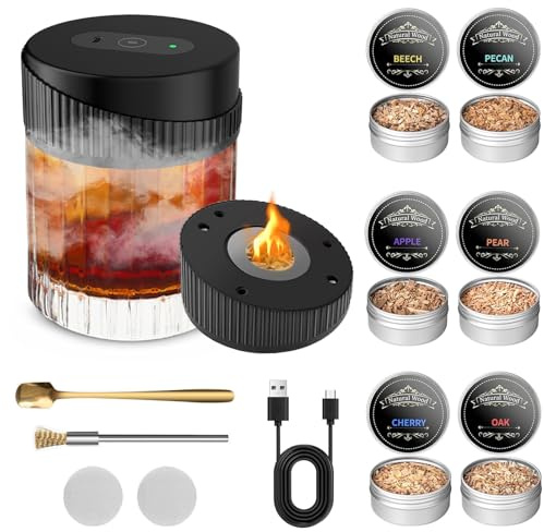 Electric Whisky Smoker Set, USB-C Rechargeable with 6 Wooden Chips - Cocktail Smoker Kit for Whiskey, Bourbon & Drinks Cold Smoke Generator for Smoke Flavour, Idea Gift for Cocktail Lovers