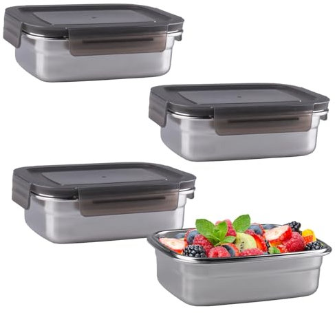 WakiHong 4 Piezas Recipientes de Acero Inoxidable Recipientes de Acero Inoxidable con Tapas,Herméticos,Reutilizables,para Alimentos,Frigorífico,Organizador para Queso,Frutas,Carne,650ML
