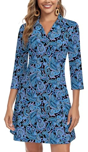 WOWENY 3/4 Sleeve Dress for Women with Pockets V Neck UPF 50+ Casual Sun Dress Breathable Quick Dry Beach Vacation (Black Paisley, S)