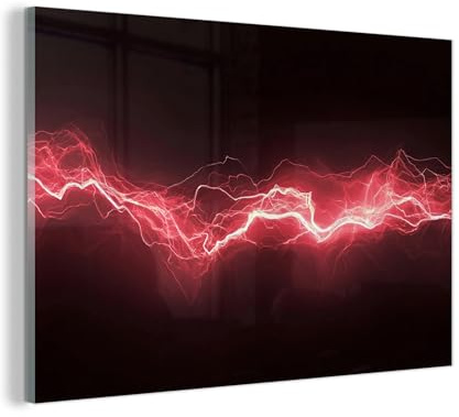 MuchoWow© Glasbilder Wohnzimmer Deko Modern Wandbild Kunstdruck auf Glas | 120x80 cm - Bild Schlafzimmer über Bett Room Decor Geschenke Gaming - Rot - Elektrizität - Energie - Linie