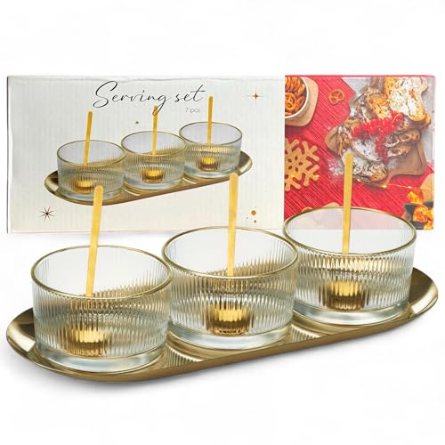 MIJOMA Servierset Weihnachten 7-teilig – 3 Glasschalen mit Goldrand, goldfarbene Löffel & Serviertablett aus Edelstahl – Edles Dip- & Snackset für festliche Anlässe