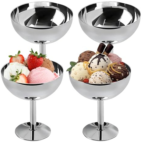 4 stycken glassbägare i rostfritt stål – Ø 10 cm, 200 ml rostfritt stål, dessertskål, Ice Cream Sundae dessertglas, cocktailglas med fot, för fruktsallad, yoghurt och fruktpudding, för bröllop, fester