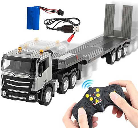 Generico Camion RC – Camion Pianale Radiocomandato In 1/24 Con Rimorchio | 2.4GHz 9 Con LED & Musica | Veicolo Da Costruzione Elettrico Extra Lungo | Giocattolo Interattivo Multi-Giocatore In