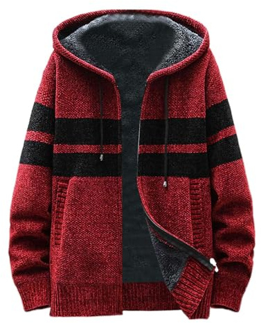 Generisch Veste en polaire tricotée pour homme - Doublure polaire - Veste traditionnelle - Bandes latérales - Cardigan chaud - Cardigan d'hiver épais - Sweat à capuche zippé - Pull d'hiver en tricot