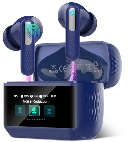 Ecouteurs Bluetooth sans Fil, Écouteur Bluetooth 5.4 avec Écran Tactile Multifonction, Stéréo Immersif Ecouteurs sans Fil avec Réduction du Bruit ANC/Mode Transparence/Mode 5 EQ, IP7 Étanche, Bleu